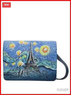 Genuine Leather Hand Painted Zip-Top Crossbody Saddle Handbag